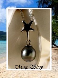 Silver Sea Collection / Pendentif étoile H:2cm / Perle Ronde de Tahiti 8.75mm/C Reflets Gris/Verts / Argent Rhodié 925 (0.71g) / Article vendu sans chaîne (photos non contractuelles)