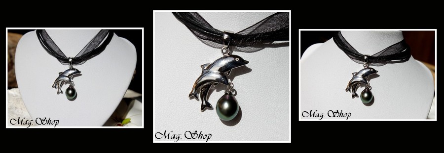 2 Dauphins Collier Perle de Tahiti  Reflets Verts  Pendentif Argent Rhodié 925 MAG.SHOP