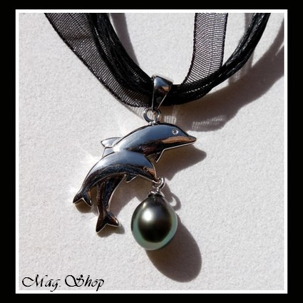 2 Dauphins Collier Perle de Tahiti  Reflets Verts  Pendentif Argent Rhodié 925 MAG.SHOP