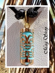 TIKI Collection / Collier TIKI Tahitien Raiteva Amour H:2cm / Pendentif OR 750/1000 (0,36g) Turquoise / Coton Noir