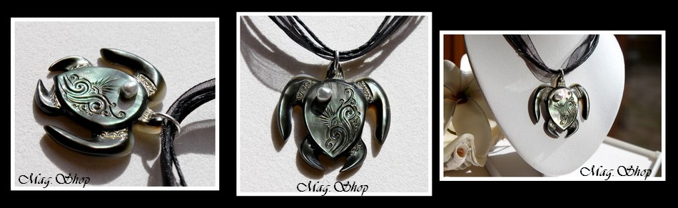 Archipels Collection  Collier Miti Tortue Vagues H3.5cm X L3.5cm Nacre de Tahiti Reflets Foncés & Perle Keishi de Tahiti MAG.SHOP