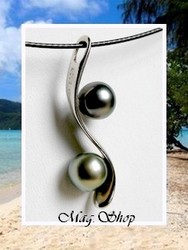 Collier des Australes Toi & Moi / Pendentif Argent Rhodié 925 / 2 Perles Rondes de TAHITI C/C+ Reflets Verts/Aubergines & Verts (photos non contractuelles)
