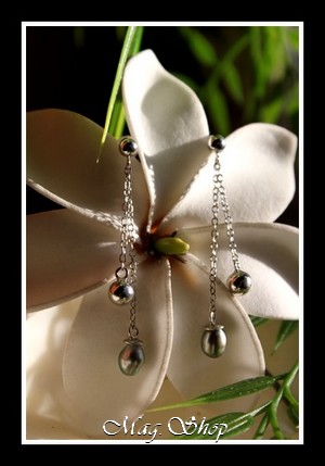 Boucles Argent Rhodié 925 Hiva Oa` Perles 2 Keishis de Tahiti MAG.SHOP TAHITI