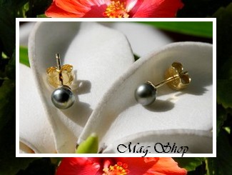 Keishis Collection / Boucles d'Oreilles KAMAKA 2 Perles Keihis de Tahiti 4mm/A Formes Rondes Reflets Gris Foncés / OR 750/1000 (0.33g) (photos non contractuelles)