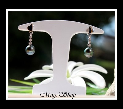 Boucles d`Oreilles Argent rhodié 925 Coeurs Reva 8 Zircons Perles de Tahiti MAG.SHOP