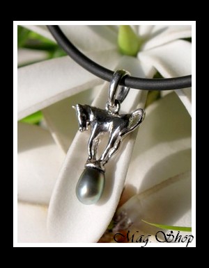 Cheval Argent Rhodié 925 Collier Perle Keishi de Tahiti MAG.SHOP