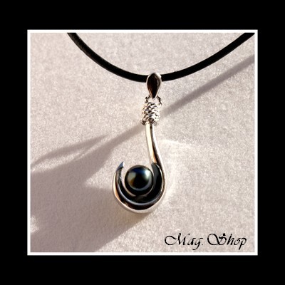 Collier Hameçon Argent Rhodié 925 Perle de Tahiti MAG.SHOP