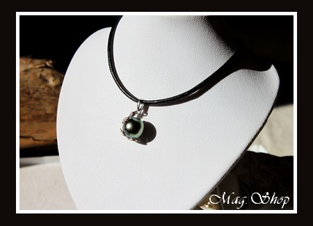 Collier Margouillat Argent Rhodié 925 Perle Reflets Verts de Tahiti MAG.SHOP