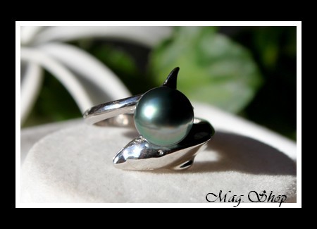 Dauphin Bague Argent Rhodié 925 Taille Réglable Perle de Tahiti MAG.SHOP