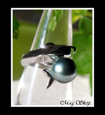 Dauphin Bague Argent Rhodié 925 Taille Réglable Perle de Tahiti MAG.SHOP