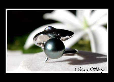 Dauphin Bague Argent Rhodié 925 Taille Réglable Perle de Tahiti MAG.SHOP