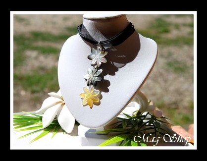 Faa`a 3 Fleurs de Tiaré Collier Miti Nacres de Tahiti MAG.SHOP TAHITI