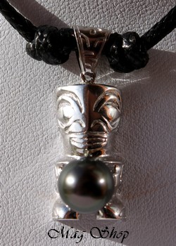 Faaone Collier Tiki Argent Rhodié 925 Perle de Tahiti Modèle 8 MAG.SHOP