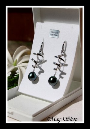 Fatu Hiva Boucles D`Oreilles Argent Rhodié 925 Perles de Tahiti Reflets Bleus-Verts MAG.SHOP