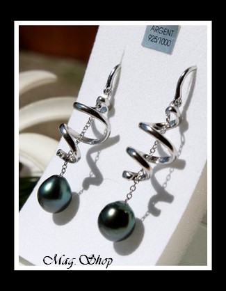 Fatu Hiva Boucles D`Oreilles Argent Rhodié 925 Perles de Tahiti Reflets Bleus-Verts MAG.SHOP