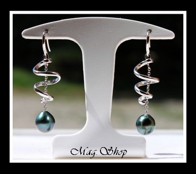 Fatu Hiva Boucles D`Oreilles Argent Rhodié 925 Perles de Tahiti Reflets Bleus-Verts MAG.SHOP