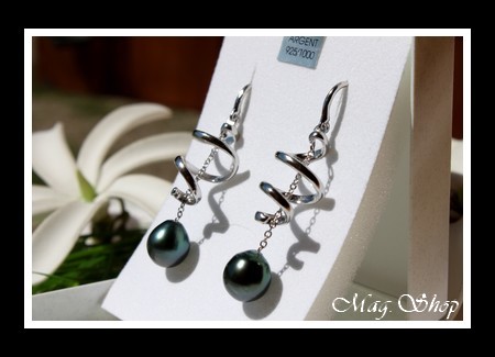 Fatu Hiva Boucles D`Oreilles Argent Rhodié 925 Perles de Tahiti Reflets Bleus-Verts MAG.SHOP