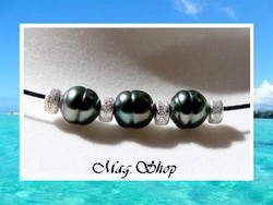 Tahiti Collection / Collier Fetia Taille 45cm Noir / 3 Perles Cerclées de Tahiti 8mm/AB Reflets Verts (photos contractuelles)