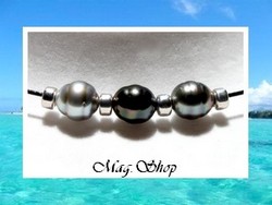 Tahiti Collection / Collier Fetia Taille 45cm Noir / 3 Perles Cerclées de Tahiti : 8.85mm/BC - Intercalaires 925 (0.72g) (photos contractuelles)