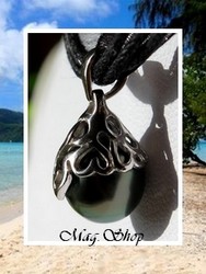 Silver Sea Collection / Collier Hani / Pendentif H:2cm Argent Rhodié 925 (1.35g) & Perle Semi-Baroque de Tahiti 10.45mm/C+ Gris/Verts Foncés / Cordons Couleur Noir (photos non contratuelles)
