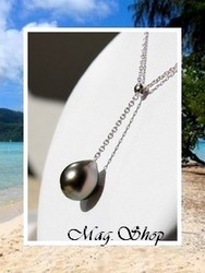 Silver Sea Collection / Collier Hereiti Argent Rhodié 925 Taille 45cm (1.82g) Perle Semi-Baroque de Tahiti 8.80mm/B+ Reflets Verts Irisés (photos contractuelles)