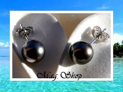 Silver Sea Collection / Boucles d'Oreilles Hinaiti Perles Rondes de Tahiti 8.75mm/B Reflets Gris/Verts/Aubergines Foncés/ Argent Rhodié 925 (0.48g) (photos non contractuelles)