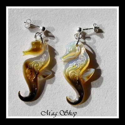 Hippocampes Vagues Boucles D`Oreilles Argent 925 Nacres de Tahiti Reflets Ocres MAG.SHOP TAHITI
