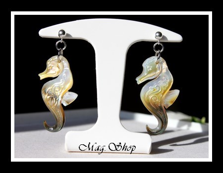 Hippocampes Vagues Boucles D`Oreilles Argent 925 Nacres de Tahiti Reflets Ocres MAG.SHOP TAHITI