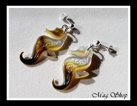 Hippocampes Vagues Boucles D`Oreilles Argent 925 Nacres de Tahiti Reflets Ocres MAG.SHOP TAHITI