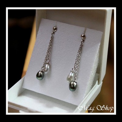 Hiva Oa` Boucles d`Oreilles Argent Rhodié 925 4 Perles Keishis de Tahiti Reflets Blancs-Gris Verts MAG.SHOP