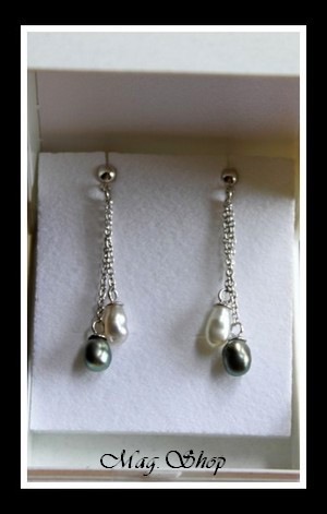 Hiva Oa` Boucles d`Oreilles Argent Rhodié 925 4 Perles Keishis de Tahiti Reflets Blancs-Gris Verts MAG.SHOP