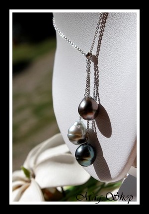 Hiva Oa` Collier Argent Rhodié 925 3 Perles de Tahiti Modèle 2 MAG.SHOP