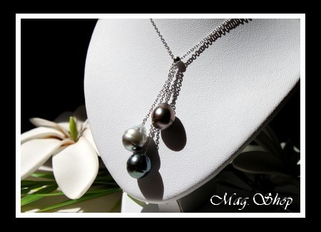 Hiva Oa` Collier Argent Rhodié 925 3 Perles de Tahiti Modèle 2 MAG.SHOP