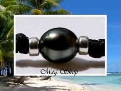 Bora-Bora Collection / Collier Surfeur Imivai Perle Semi-Baroque de Tahiti 10mm/B  Gris Foncés / Coton Noir (photos non contractuelles)