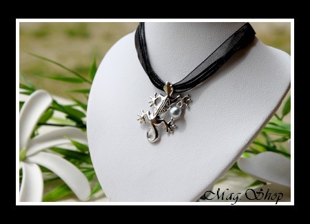 Keishis Collection - Collier Miti Margouillat Marquisien H2.8cm  Argent Rhodié 925 Perle Keishi de Ta hiti MAG.SHOP