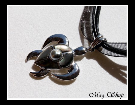 Keishis Collection  Collier Miti Tortue Océan Argent Rhodié 925  4 Nacres de Tahiti  Perle Keishi Baroque de Tahiti  MAG.SHOP