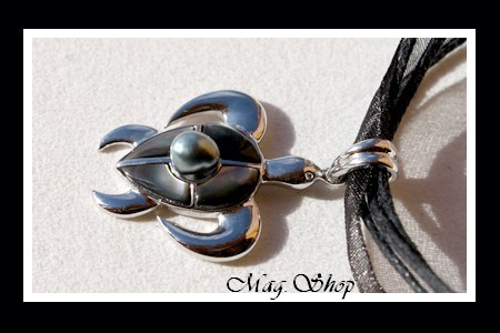Keishis Collection  Collier Miti Tortue Océan Argent Rhodié 925 4 Nacres de Tahiti  Perle Keishi Baroque de Tahiti  MAG.SHOP TAHITI