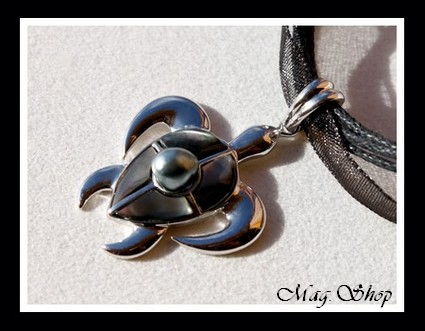 Keishis Collection  Collier Miti Tortue Océan Argent Rhodié 925 4 Nacres de Tahiti  Perle Keishi Baroque de Tahiti  MAG.SHOP TAHITI