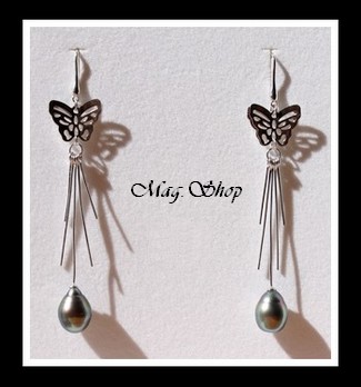 Manahere Papillons Boucles d`Oreilles Argent Rhodié 925 2 Perles de Tahiti MAG.SHOP