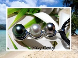 Silver Sea Collection / Collier Manuhangi / Pendentif Argent Rhodié 925 (2.65g) 3 Perles Semi-Baroques 9.55mm-10.10mm-11.30mm/B+ de Tahiti Gris-Roses/Blancs-Crèmes/Verts (photos contractuelles)