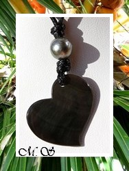 Lagon Collection / Collier Matira Coeur Nacre de Tahiti 3cm Reflets Foncés & Perle Semi-Baroque de Tahiti 9.35mm/D Gris / Taille Réglable Noir (photos contractuelles)