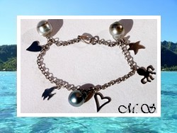 Silver Sea Collection / Bracelet de la Mer Argent Rhodié 925 (4.40g) / Taille 18cm / 3 Perles Cerclées de Tahiti + 5 Breloques (photos contractuelles)