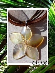 Fleurs des îles / Collier Moetia Fleur de Frangipanier Nacre de TAHITI 2.5cm Reflets Clairs/Dorés / Cordons Couleur Chocolat (photos non contractuelles)