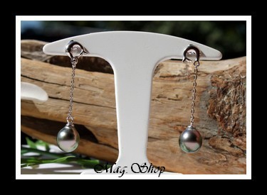 Naheiti Dauphins Boucles d`Oreilles Argent Rhodié 925 2 Perles de Tahiti MAG.SHOP