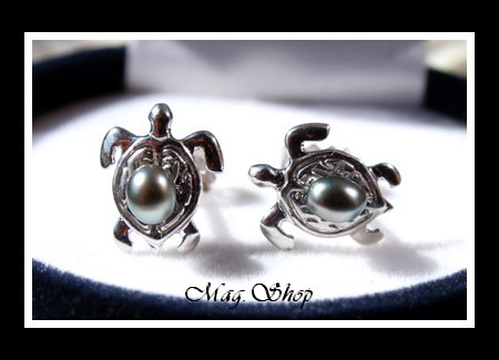 Nina Tortues Boucles D`Oreilles Argent Rhodié 925 2 Keishis de Tahiti MAG.SHOP