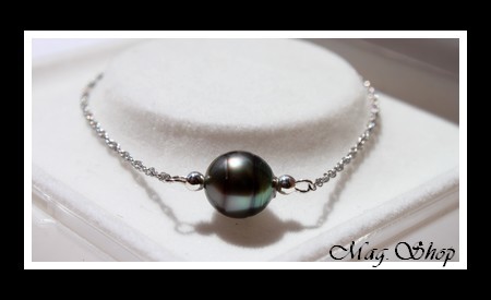 Nuku Hiva Bracelet Argent Rhodié 925 Perle Cerclée de Tahiti Reflets Gris-Bleus MAG.SHOP