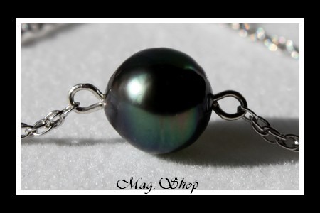 Nuku Hiva Bracelet Argent Rhodié 925 Perle Cerclée de Tahiti Reflets Verts Foncés MAG.SHOP