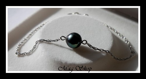 Nuku Hiva Bracelet Argent Rhodié 925 Perle Cerclée de Tahiti Reflets Verts Foncés MAG.SHOP