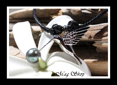 Oiseau Colibri Collier Argent Rhodié 925 Perle de Tahiti MAG.SHOP