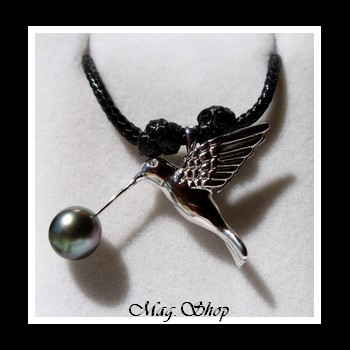 Oiseau Colibri Collier Argent Rhodié 925 Perle de Tahiti MAG.SHOP